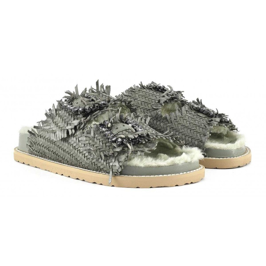 Outlet Coral Blue | Leather Slipper With Faux Fur Lining