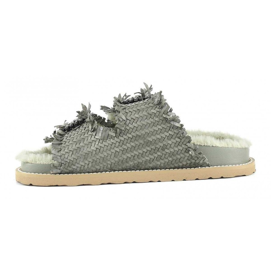 Outlet Coral Blue | Leather Slipper With Faux Fur Lining