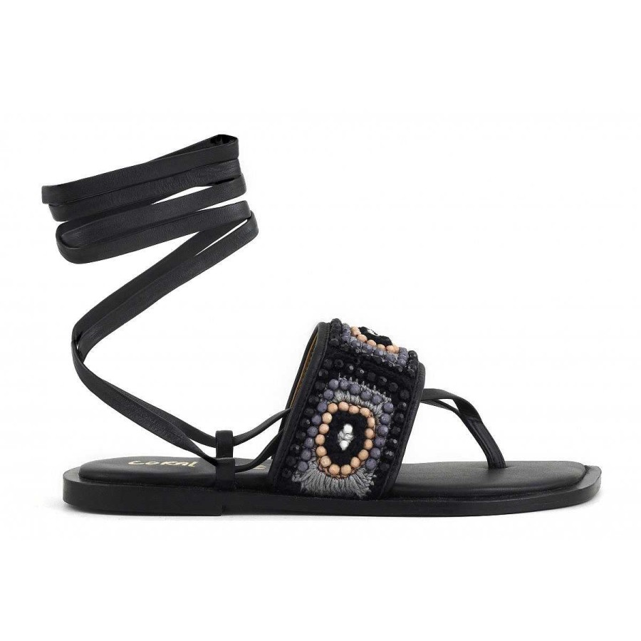 Outlet Coral Blue | Embroidery And Beads Lace-Up Sandal