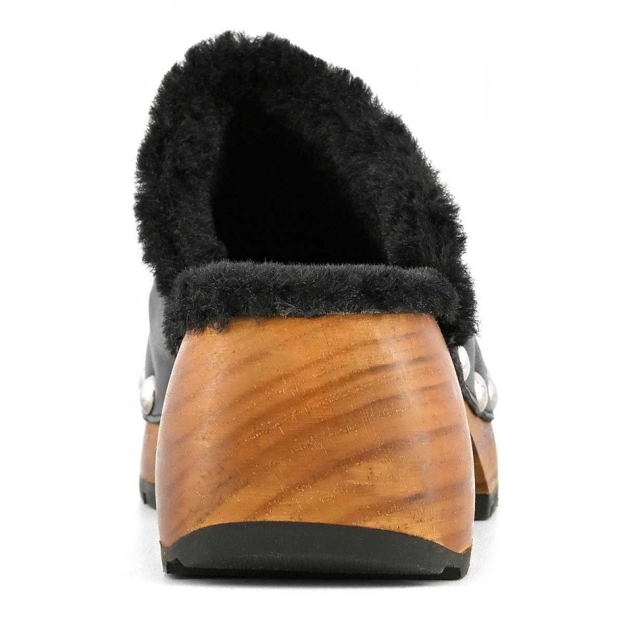 Fall Winter Coral Blue | Leather Clog With Fake Fur