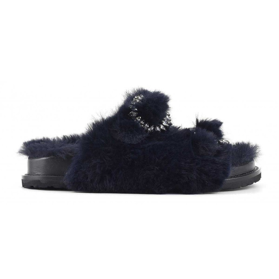 Fall Winter Coral Blue | Furry Slippers With Jewel Buckle